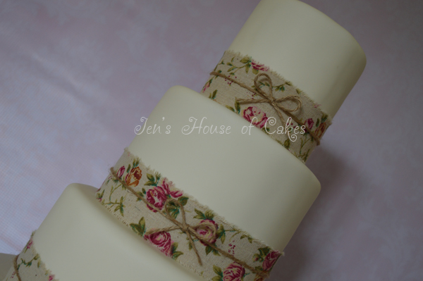 3 Tier with Vintage Material and Twine Bows (to match invitations)