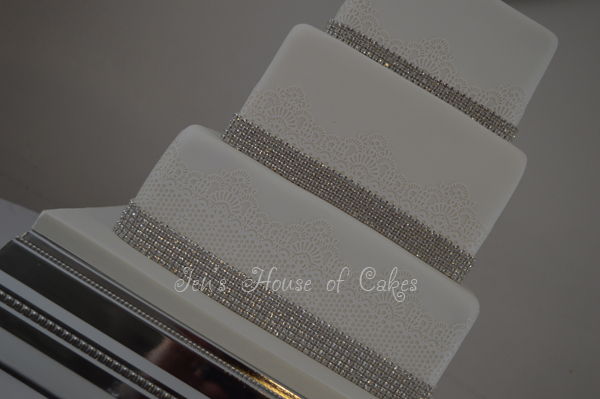 3 Tiered Square with Edible Lace & Diamante Bands