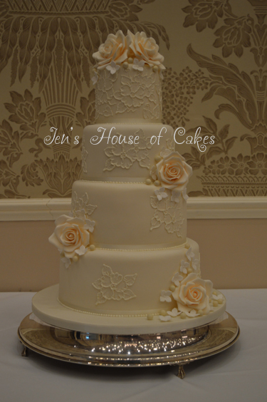 Brush Embroidered Wedding Cake with Delicate Sugar Flowers