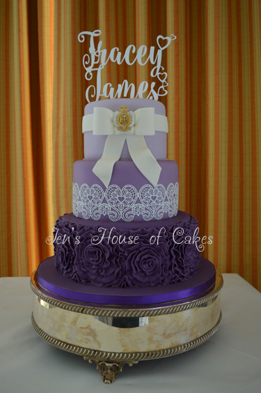 Purple Ruffle Wedding Cake with CAP Badge finishing off bow