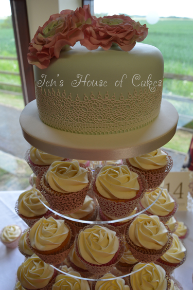Vintage Cupcake tower with edible lace cutting cake