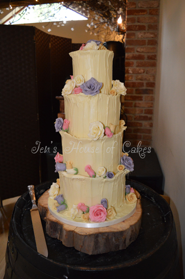 White Chocolate 4 Tier Cake with Pink, Purple & Ivory Roses